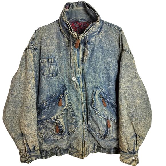 4377)Vtg 80s M Saxton Hall Unisex Acid wash Denim Hooded Paisley Bomber Jacket - Picture 2 of 14